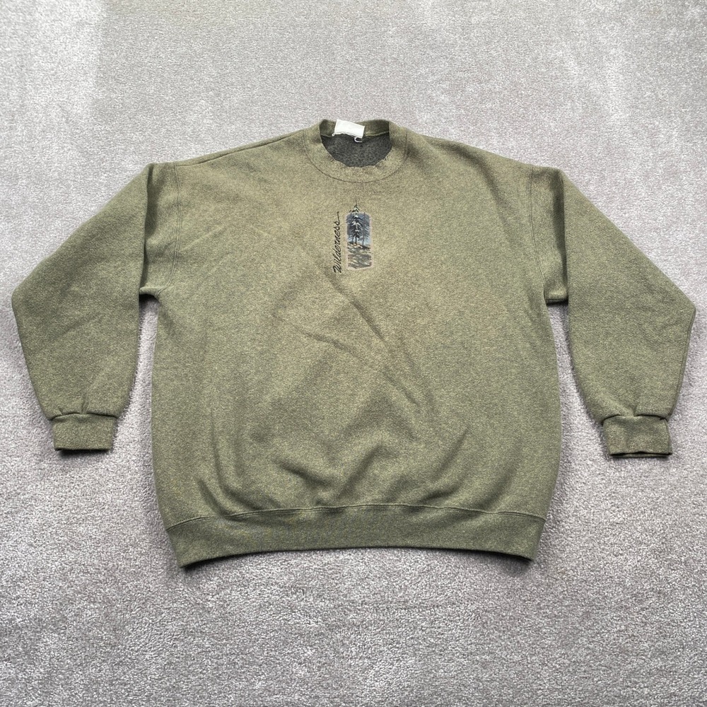Wilderness Embroidered Pine Tree Crewneck Sweatshirt Olive Green Heather Mens XL